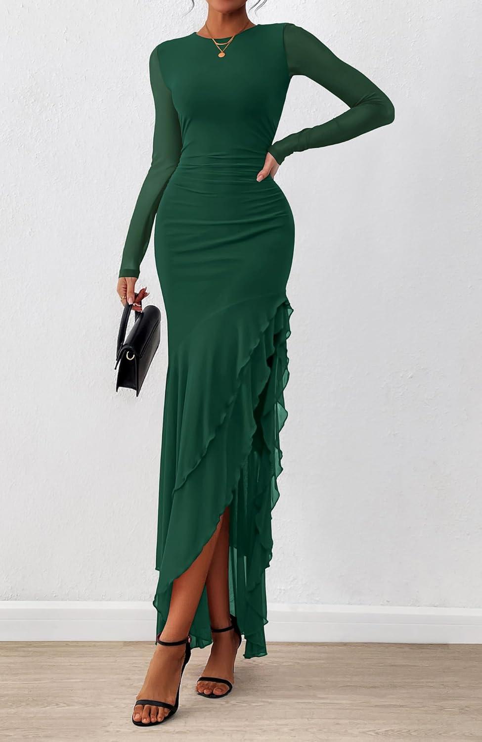 imageBTFBM Womens Maxi Dresses Fall 2025 Long Sleeve Ruched Bodycon Solid Ruffle Mermaid Cocktail Wedding Guest DressDark Green