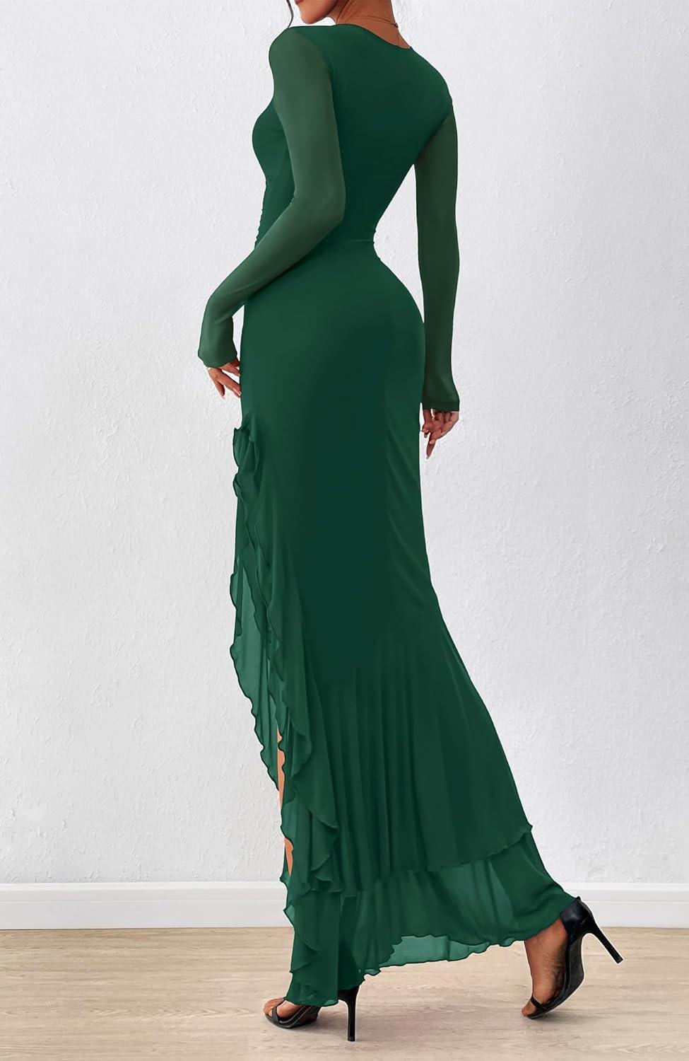 imageBTFBM Womens Maxi Dresses Fall 2025 Long Sleeve Ruched Bodycon Solid Ruffle Mermaid Cocktail Wedding Guest DressDark Green