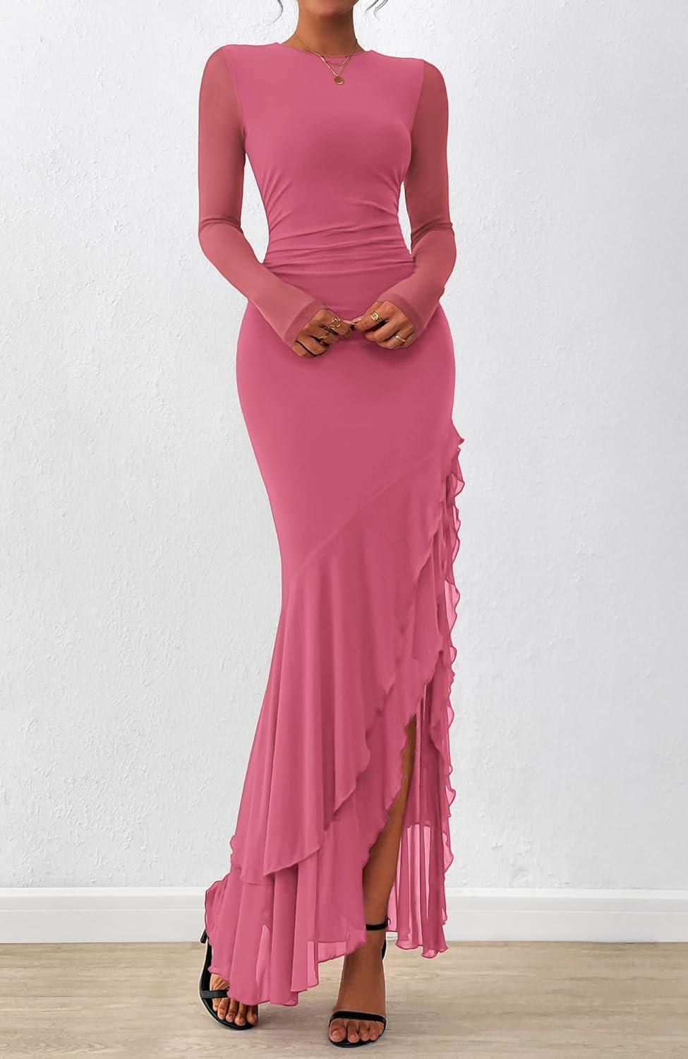 imageBTFBM Womens Maxi Dresses Fall 2025 Long Sleeve Ruched Bodycon Solid Ruffle Mermaid Cocktail Wedding Guest DressGrey Pink