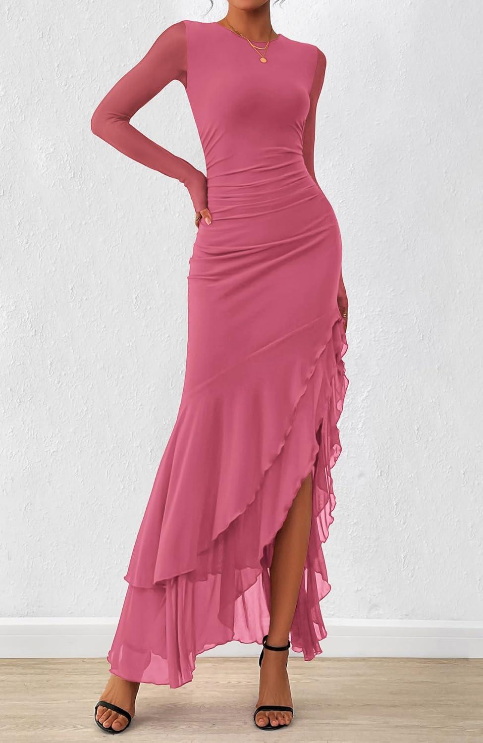imageBTFBM Womens Maxi Dresses Fall 2025 Long Sleeve Ruched Bodycon Solid Ruffle Mermaid Cocktail Wedding Guest DressGrey Pink
