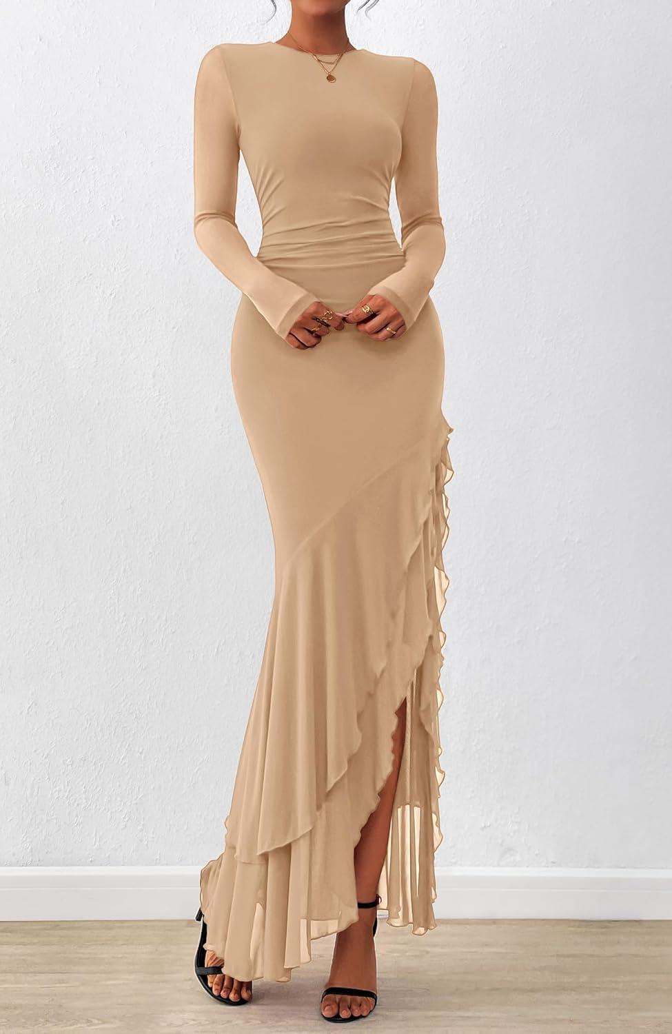 imageBTFBM Womens Maxi Dresses Fall 2025 Long Sleeve Ruched Bodycon Solid Ruffle Mermaid Cocktail Wedding Guest DressKhaki