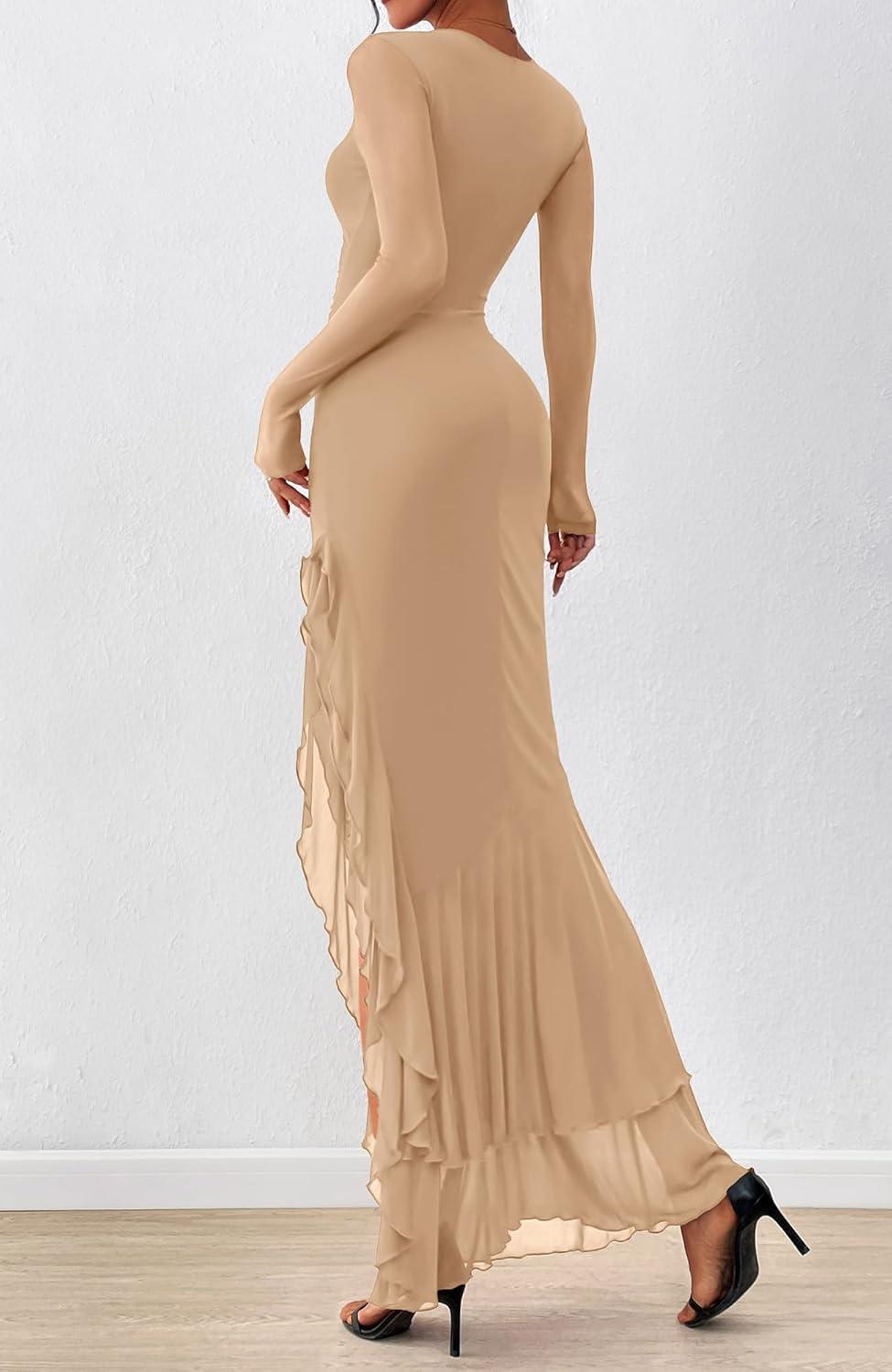 imageBTFBM Womens Maxi Dresses Fall 2025 Long Sleeve Ruched Bodycon Solid Ruffle Mermaid Cocktail Wedding Guest DressKhaki