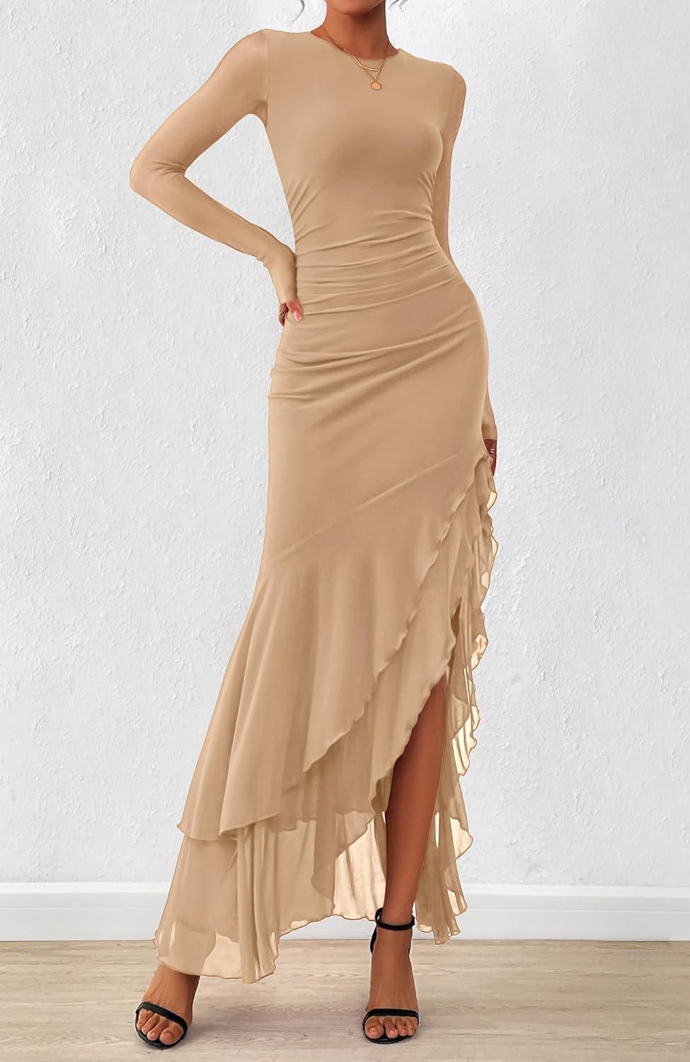 imageBTFBM Womens Maxi Dresses Fall 2025 Long Sleeve Ruched Bodycon Solid Ruffle Mermaid Cocktail Wedding Guest DressKhaki