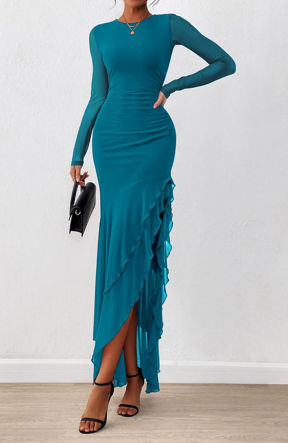 imageBTFBM Womens Maxi Dresses Fall 2025 Long Sleeve Ruched Bodycon Solid Ruffle Mermaid Cocktail Wedding Guest DressLake Blue