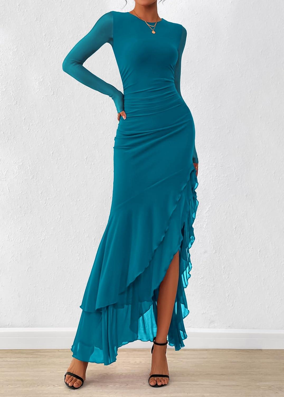 imageBTFBM Womens Maxi Dresses Fall 2025 Long Sleeve Ruched Bodycon Solid Ruffle Mermaid Cocktail Wedding Guest DressLake Blue