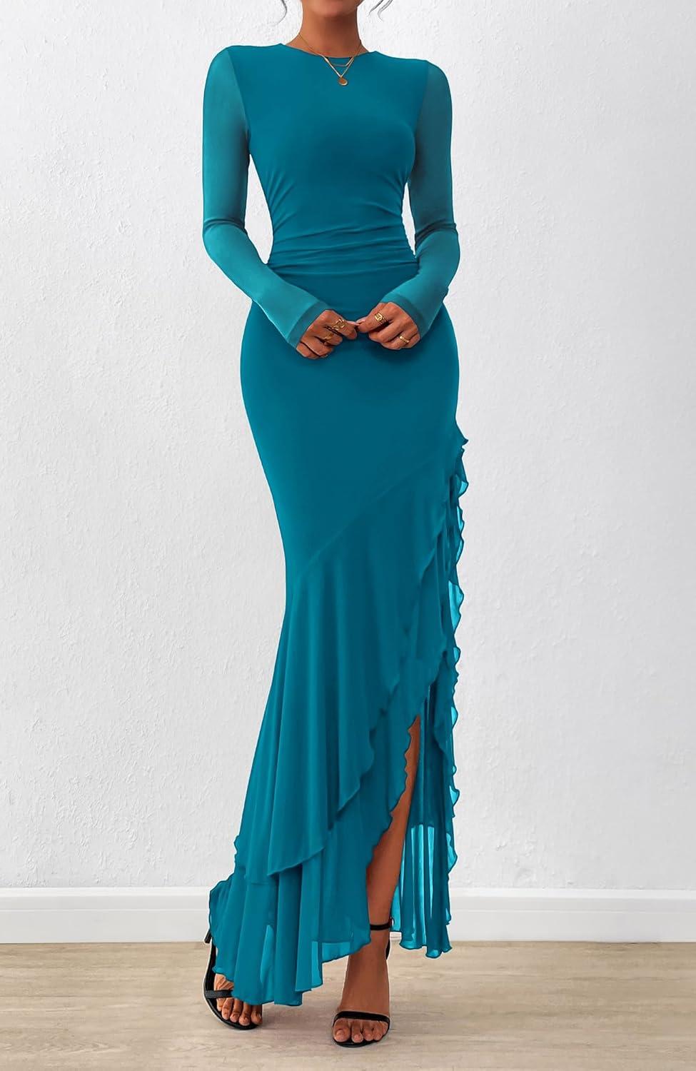 imageBTFBM Womens Maxi Dresses Fall 2025 Long Sleeve Ruched Bodycon Solid Ruffle Mermaid Cocktail Wedding Guest DressLake Blue