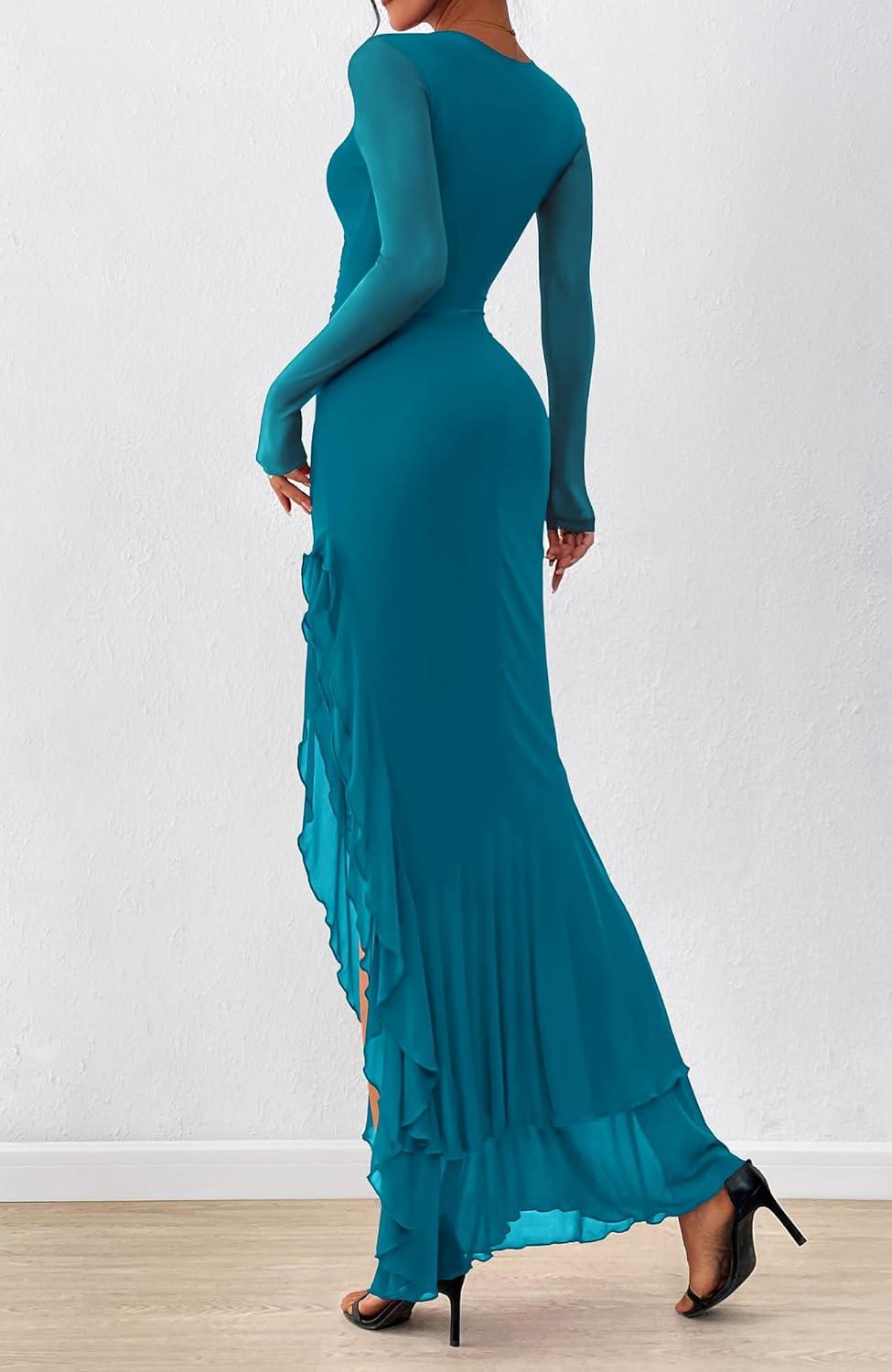 imageBTFBM Womens Maxi Dresses Fall 2025 Long Sleeve Ruched Bodycon Solid Ruffle Mermaid Cocktail Wedding Guest DressLake Blue