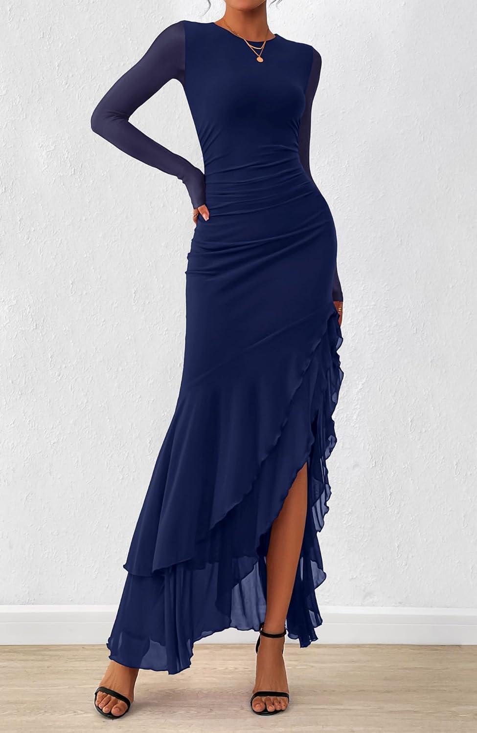 imageBTFBM Womens Maxi Dresses Fall 2025 Long Sleeve Ruched Bodycon Solid Ruffle Mermaid Cocktail Wedding Guest DressNavy