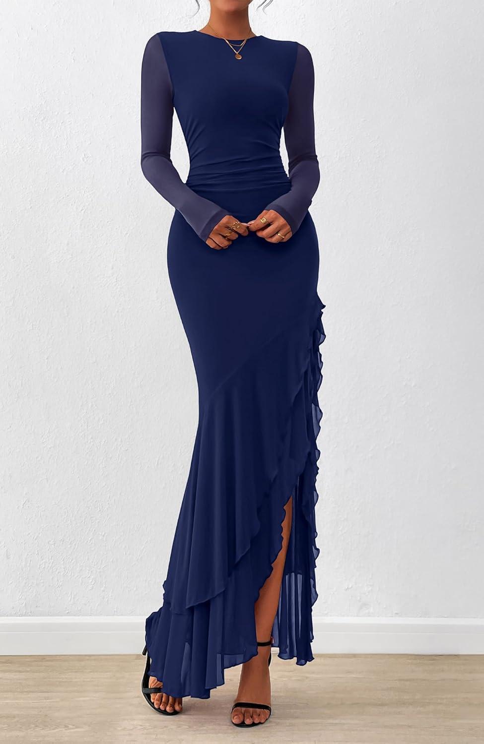 imageBTFBM Womens Maxi Dresses Fall 2025 Long Sleeve Ruched Bodycon Solid Ruffle Mermaid Cocktail Wedding Guest DressNavy