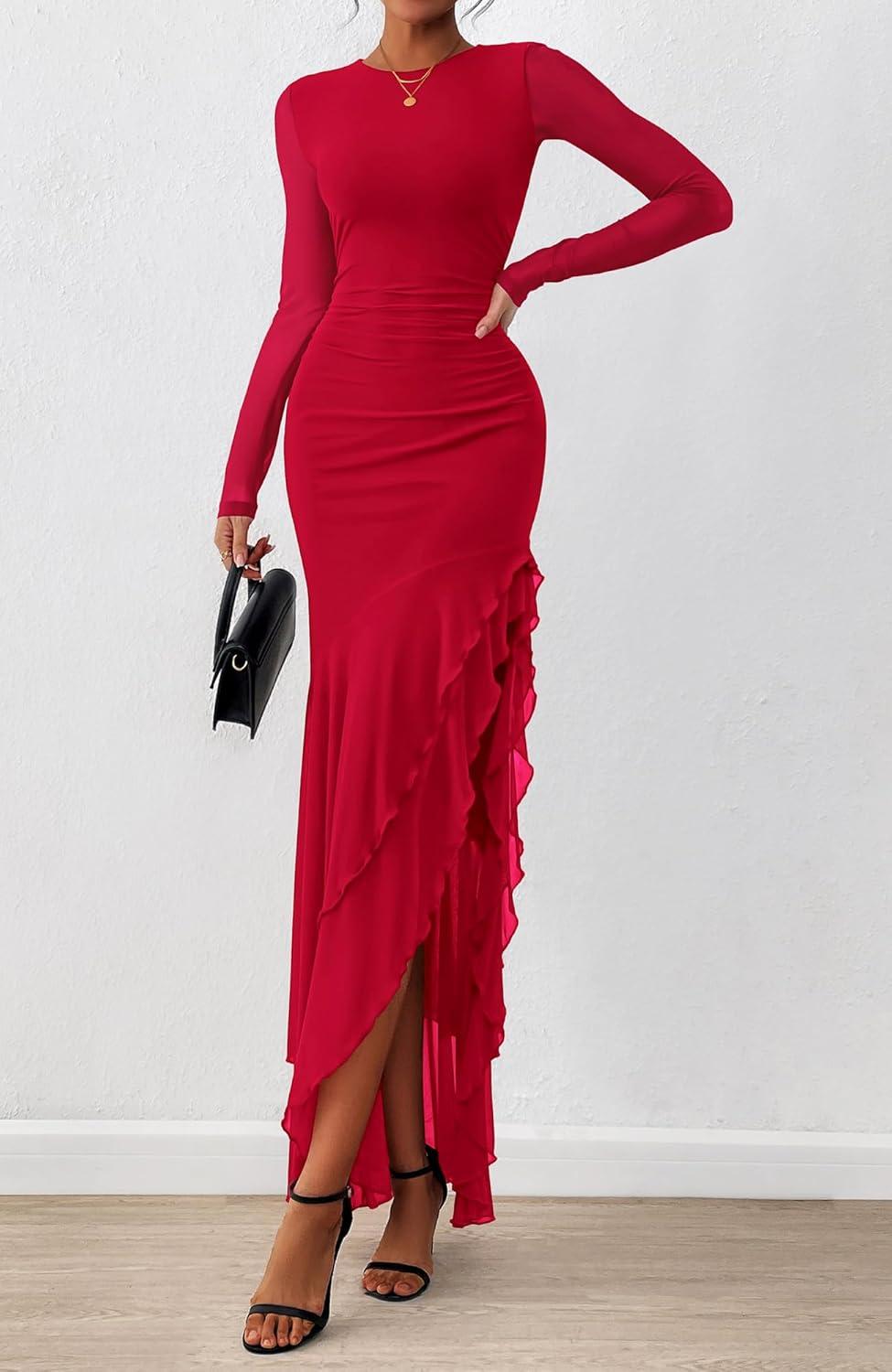 imageBTFBM Womens Maxi Dresses Fall 2025 Long Sleeve Ruched Bodycon Solid Ruffle Mermaid Cocktail Wedding Guest DressRed