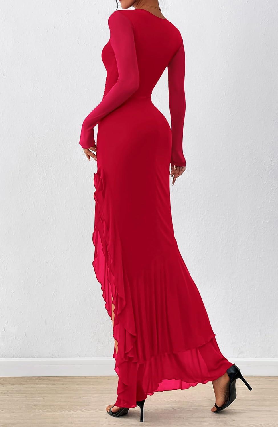 imageBTFBM Womens Maxi Dresses Fall 2025 Long Sleeve Ruched Bodycon Solid Ruffle Mermaid Cocktail Wedding Guest DressRed