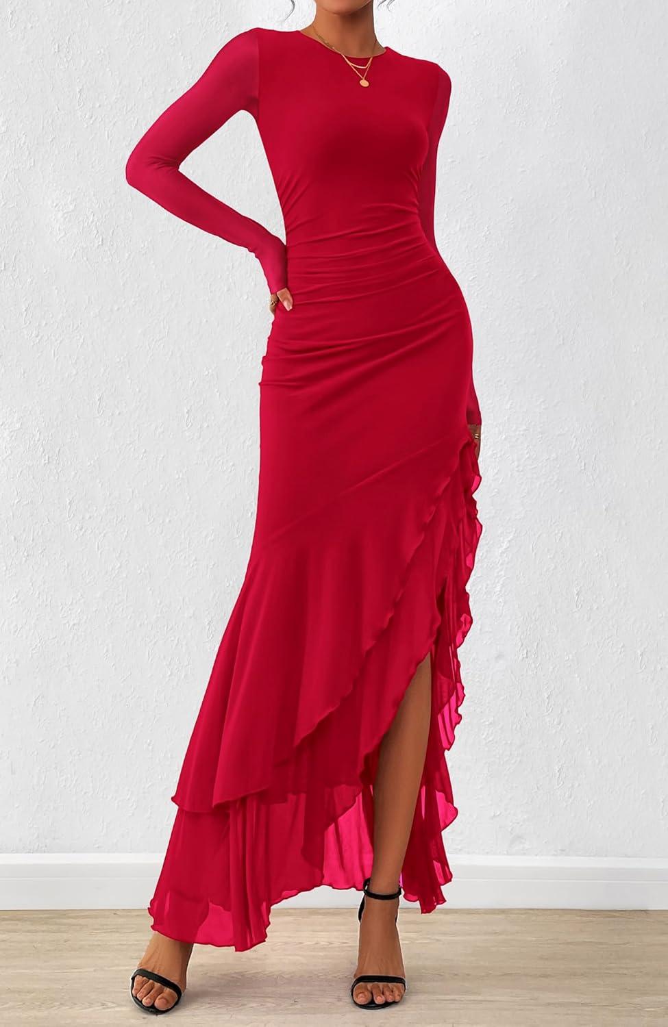imageBTFBM Womens Maxi Dresses Fall 2025 Long Sleeve Ruched Bodycon Solid Ruffle Mermaid Cocktail Wedding Guest DressRed