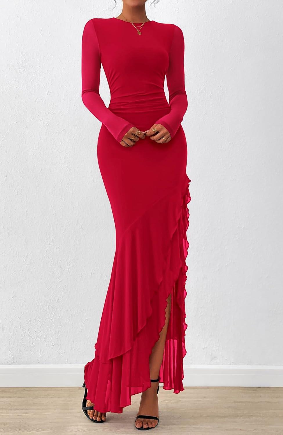 imageBTFBM Womens Maxi Dresses Fall 2025 Long Sleeve Ruched Bodycon Solid Ruffle Mermaid Cocktail Wedding Guest DressRed