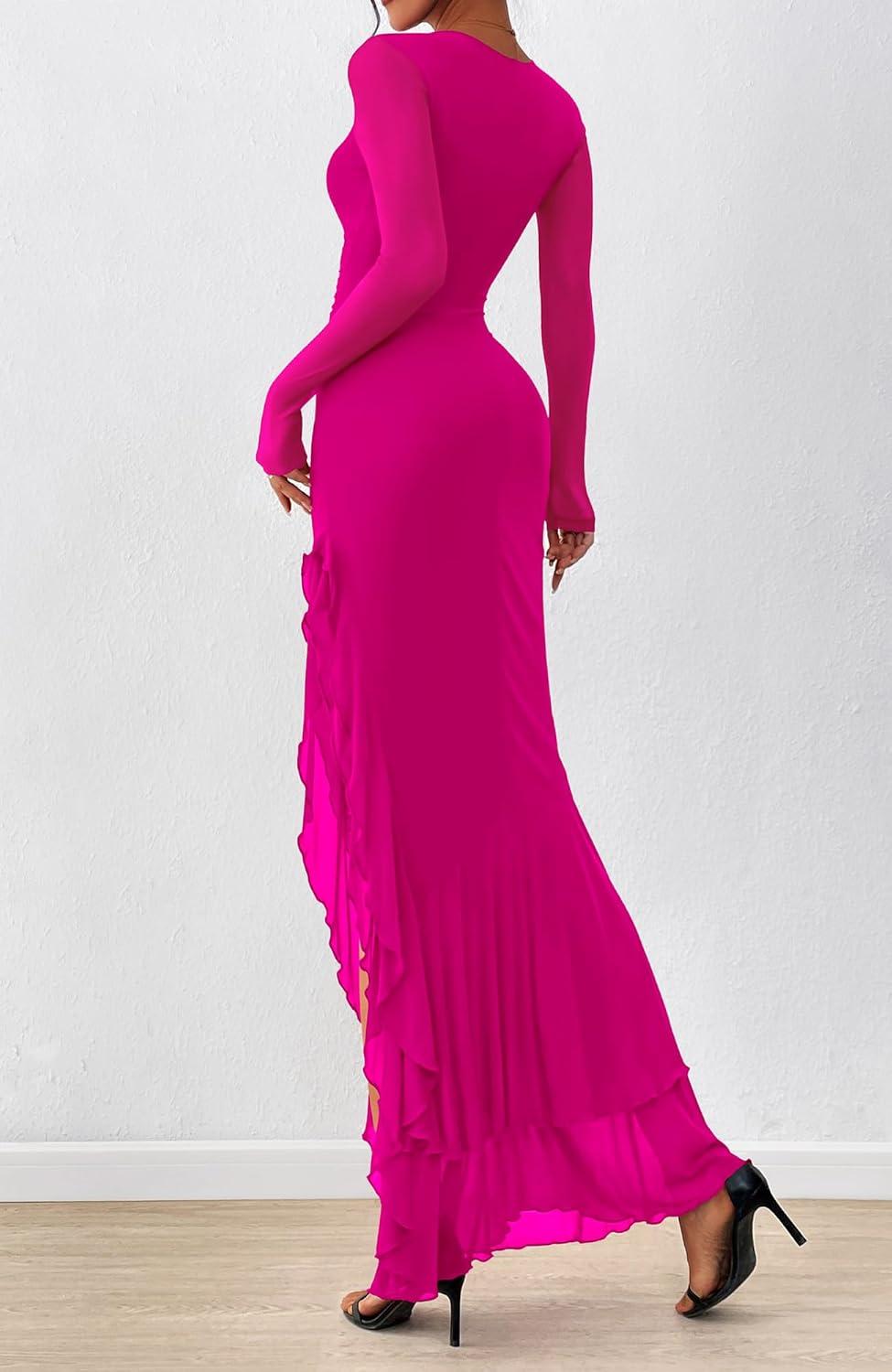 imageBTFBM Womens Maxi Dresses Fall 2025 Long Sleeve Ruched Bodycon Solid Ruffle Mermaid Cocktail Wedding Guest DressRose Red