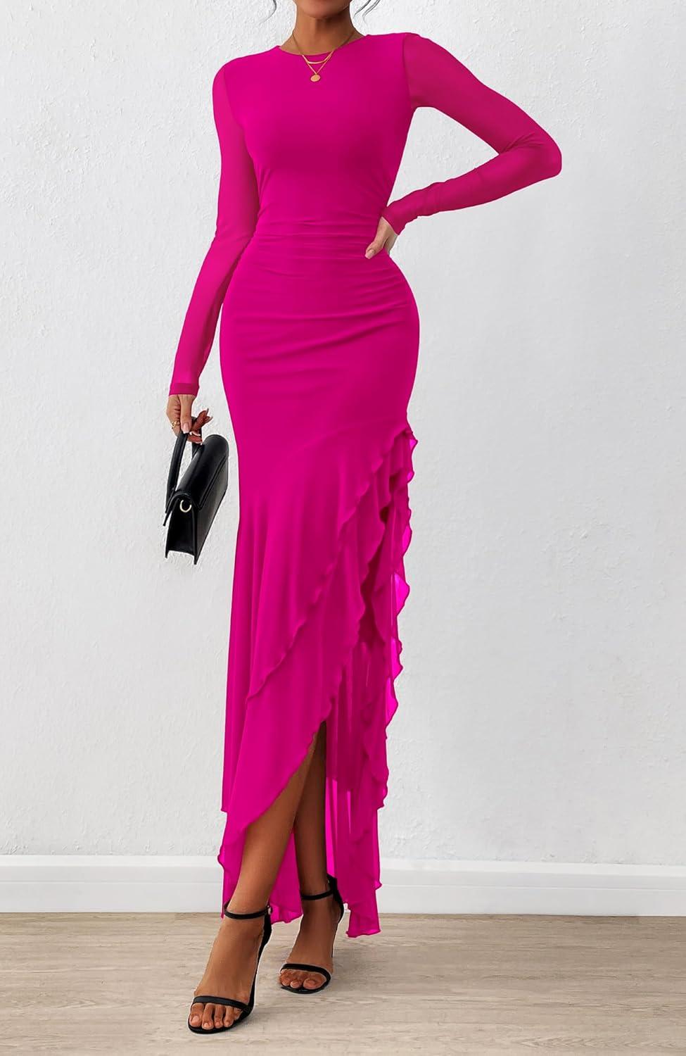imageBTFBM Womens Maxi Dresses Fall 2025 Long Sleeve Ruched Bodycon Solid Ruffle Mermaid Cocktail Wedding Guest DressRose Red