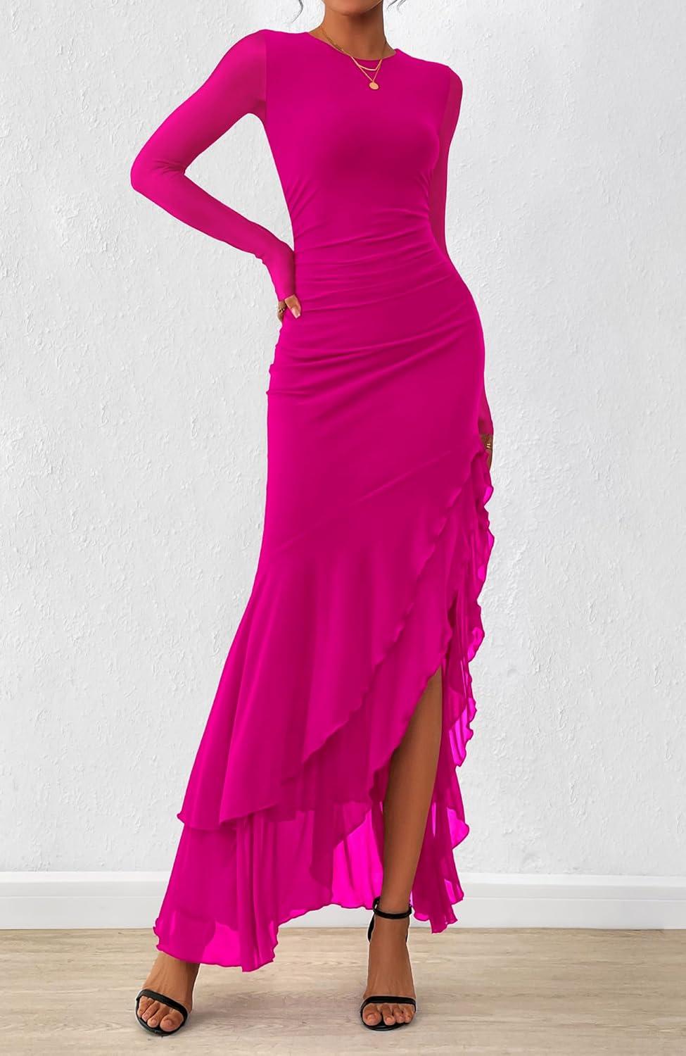 imageBTFBM Womens Maxi Dresses Fall 2025 Long Sleeve Ruched Bodycon Solid Ruffle Mermaid Cocktail Wedding Guest DressRose Red