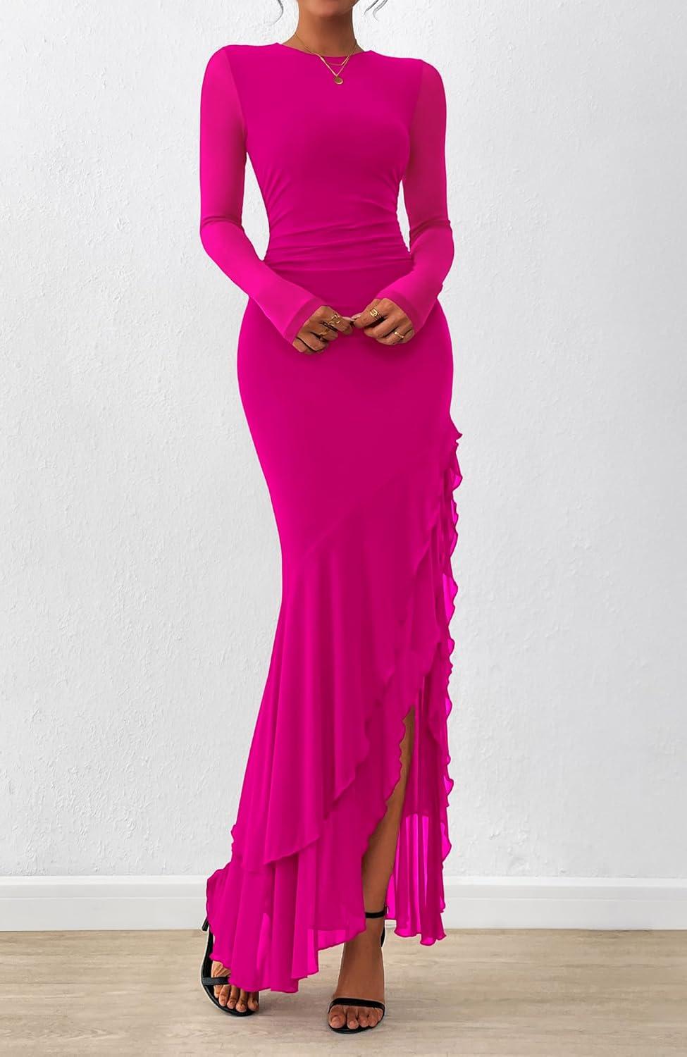 imageBTFBM Womens Maxi Dresses Fall 2025 Long Sleeve Ruched Bodycon Solid Ruffle Mermaid Cocktail Wedding Guest DressRose Red