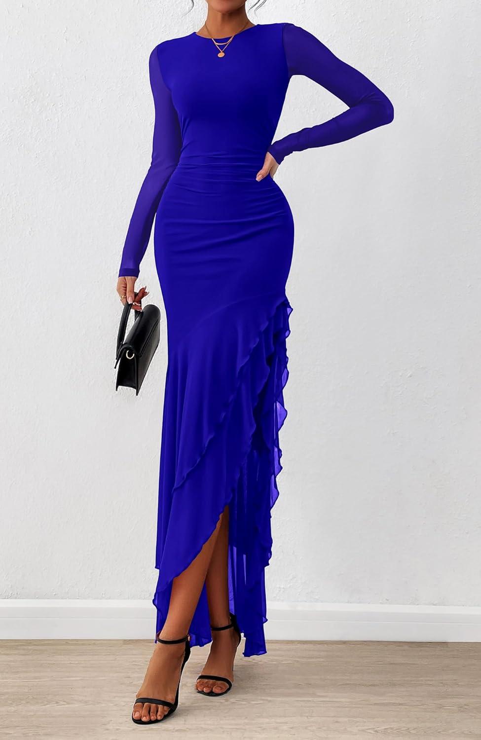 imageBTFBM Womens Maxi Dresses Fall 2025 Long Sleeve Ruched Bodycon Solid Ruffle Mermaid Cocktail Wedding Guest DressRoyal Blue