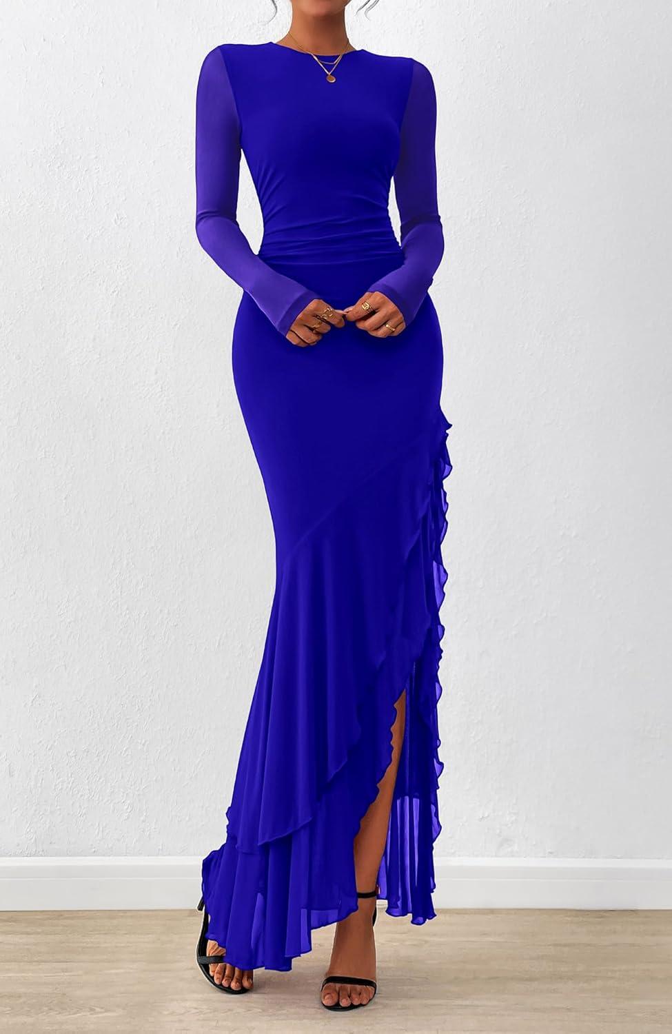 imageBTFBM Womens Maxi Dresses Fall 2025 Long Sleeve Ruched Bodycon Solid Ruffle Mermaid Cocktail Wedding Guest DressRoyal Blue
