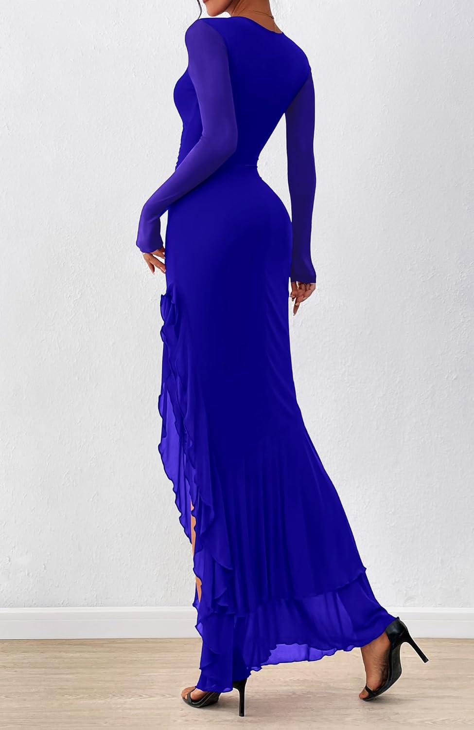 imageBTFBM Womens Maxi Dresses Fall 2025 Long Sleeve Ruched Bodycon Solid Ruffle Mermaid Cocktail Wedding Guest DressRoyal Blue