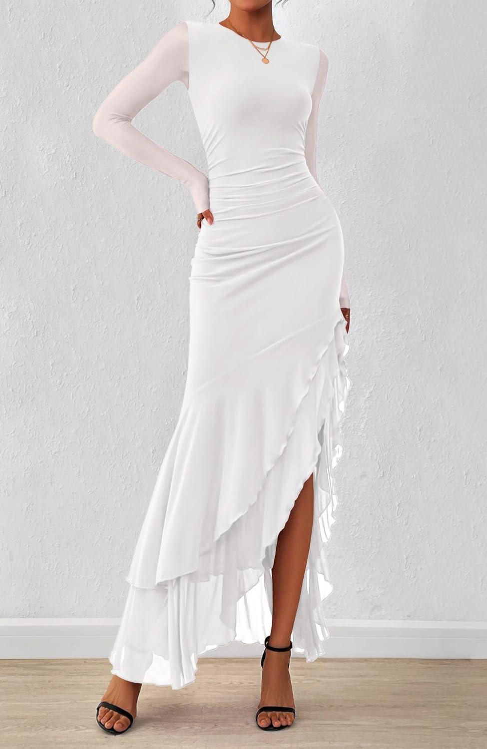 imageBTFBM Womens Maxi Dresses Fall 2025 Long Sleeve Ruched Bodycon Solid Ruffle Mermaid Cocktail Wedding Guest DressWhite