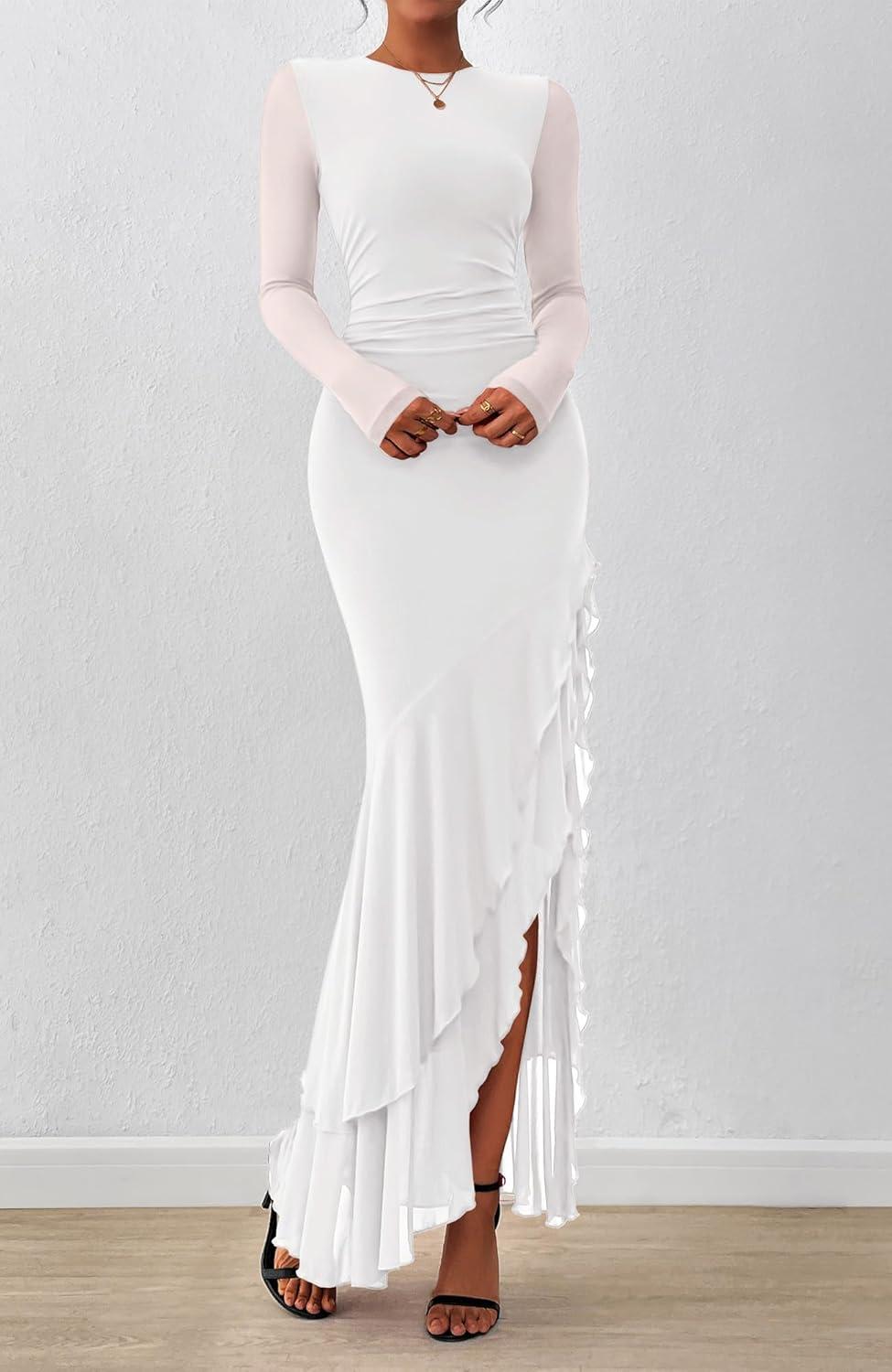 imageBTFBM Womens Maxi Dresses Fall 2025 Long Sleeve Ruched Bodycon Solid Ruffle Mermaid Cocktail Wedding Guest DressWhite