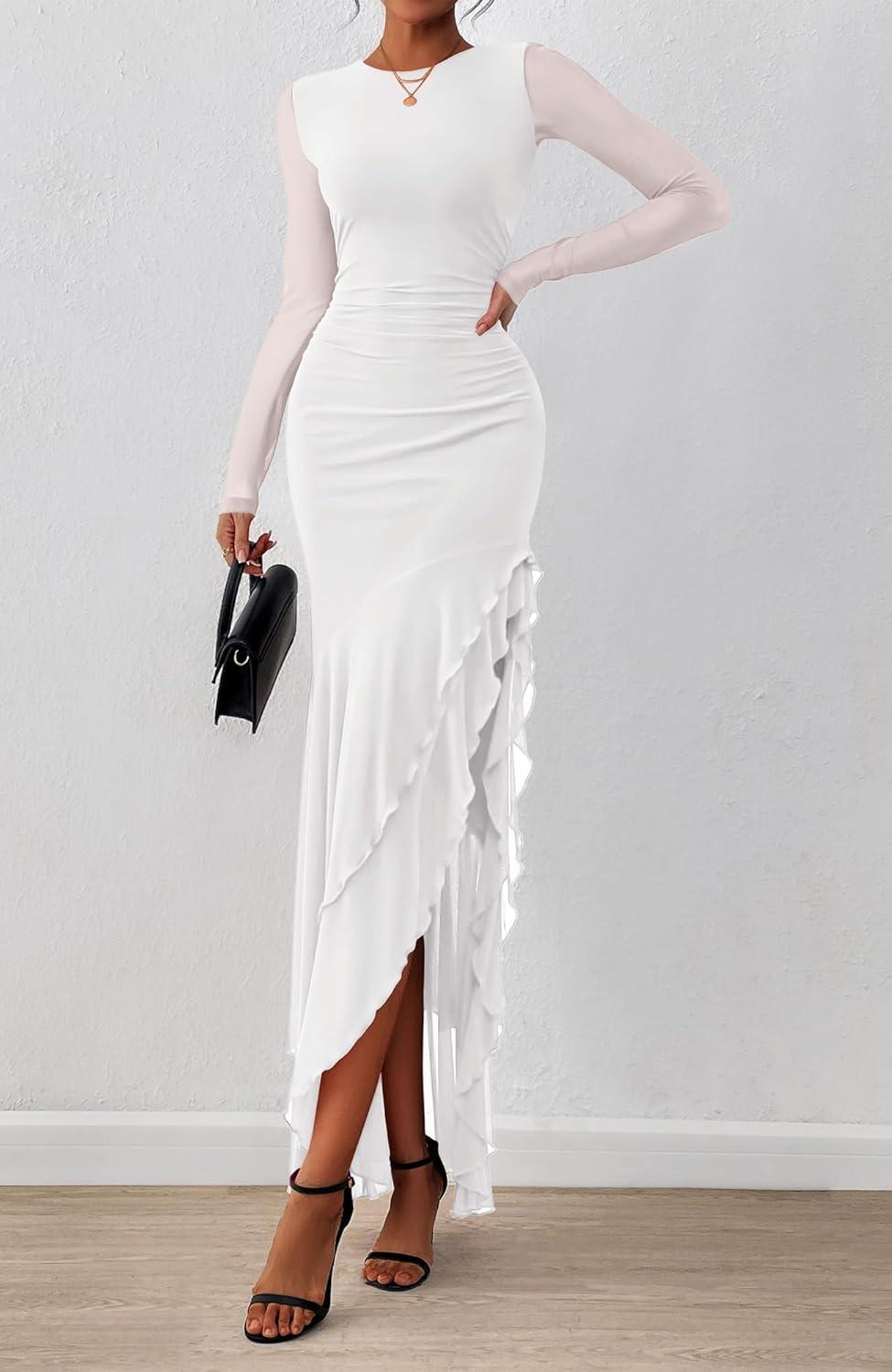 imageBTFBM Womens Maxi Dresses Fall 2025 Long Sleeve Ruched Bodycon Solid Ruffle Mermaid Cocktail Wedding Guest DressWhite