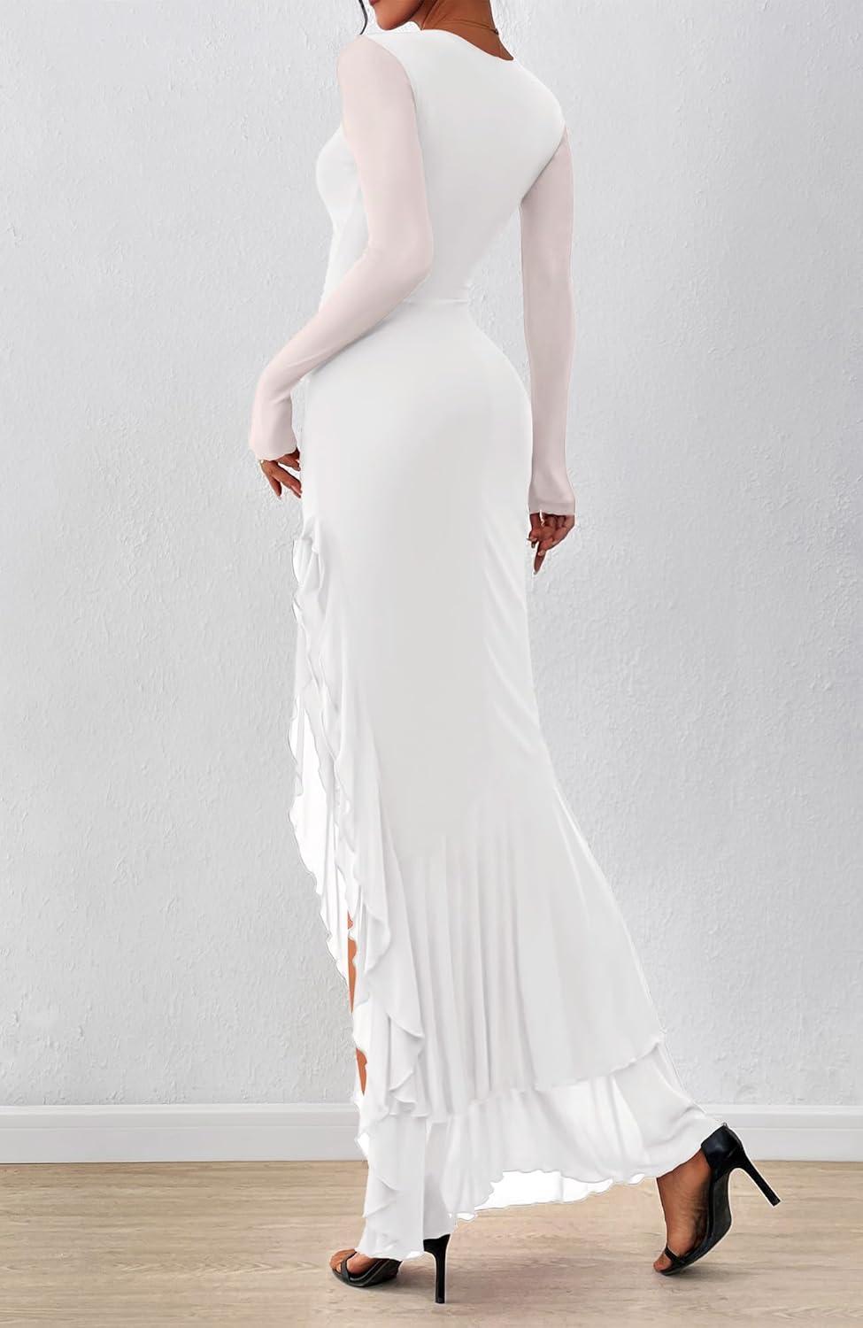imageBTFBM Womens Maxi Dresses Fall 2025 Long Sleeve Ruched Bodycon Solid Ruffle Mermaid Cocktail Wedding Guest DressWhite