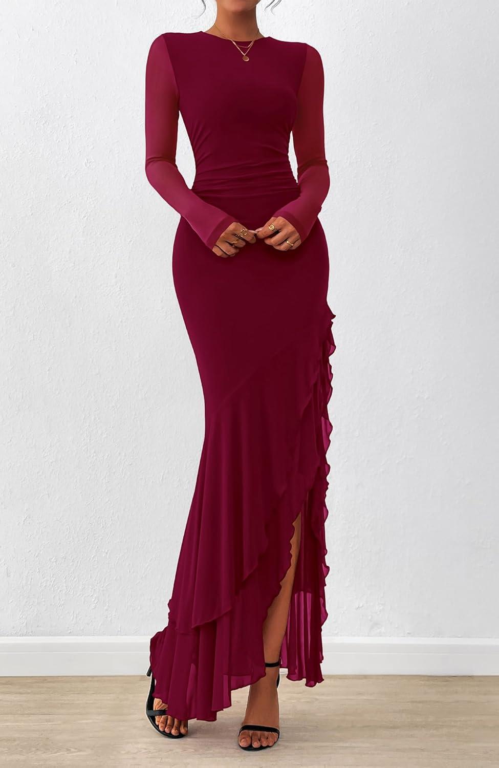 imageBTFBM Womens Maxi Dresses Fall 2025 Long Sleeve Ruched Bodycon Solid Ruffle Mermaid Cocktail Wedding Guest DressWine Red