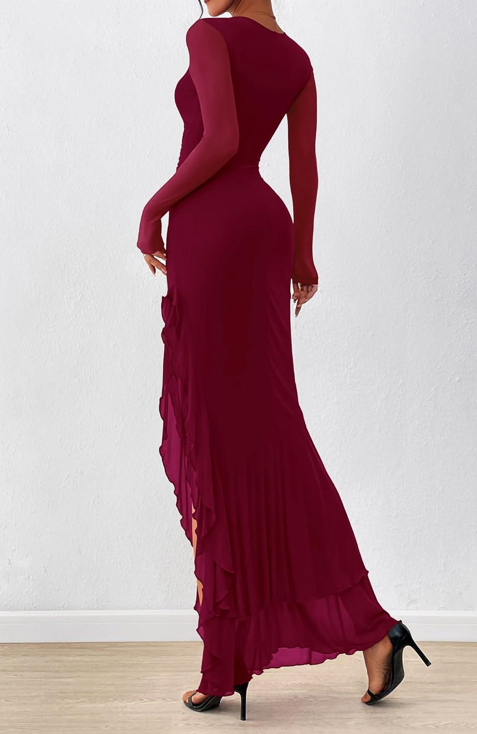 imageBTFBM Womens Maxi Dresses Fall 2025 Long Sleeve Ruched Bodycon Solid Ruffle Mermaid Cocktail Wedding Guest DressWine Red