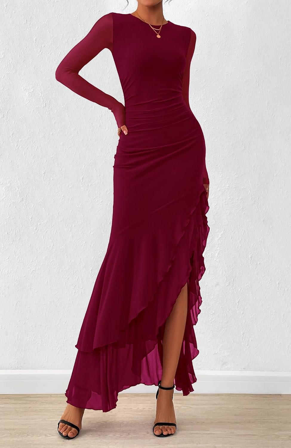 imageBTFBM Womens Maxi Dresses Fall 2025 Long Sleeve Ruched Bodycon Solid Ruffle Mermaid Cocktail Wedding Guest DressWine Red