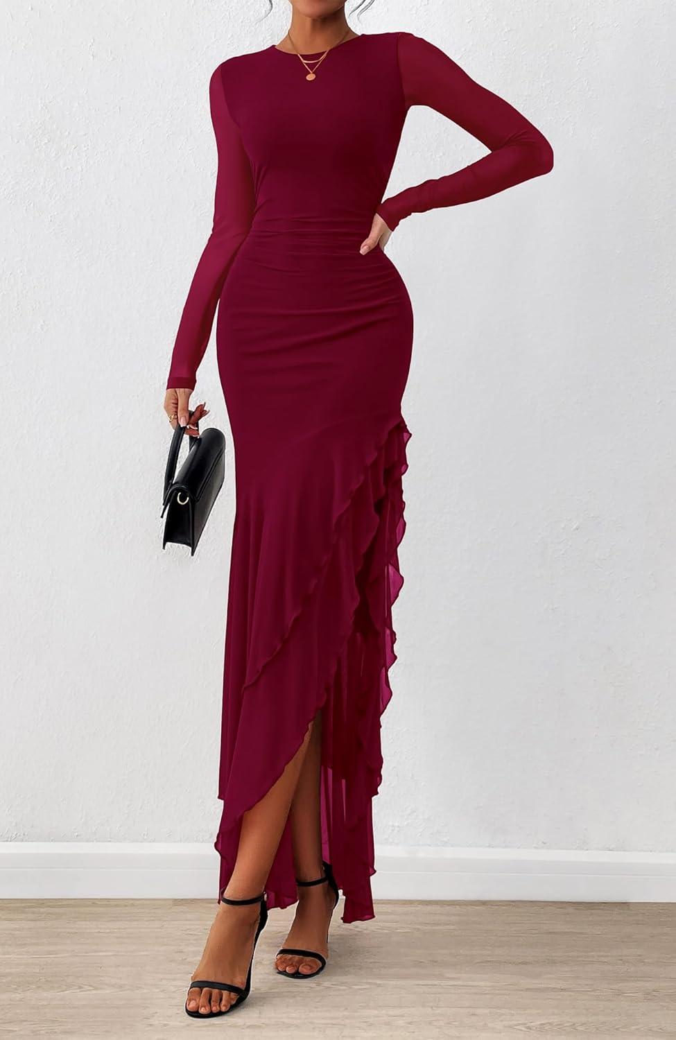 imageBTFBM Womens Maxi Dresses Fall 2025 Long Sleeve Ruched Bodycon Solid Ruffle Mermaid Cocktail Wedding Guest DressWine Red