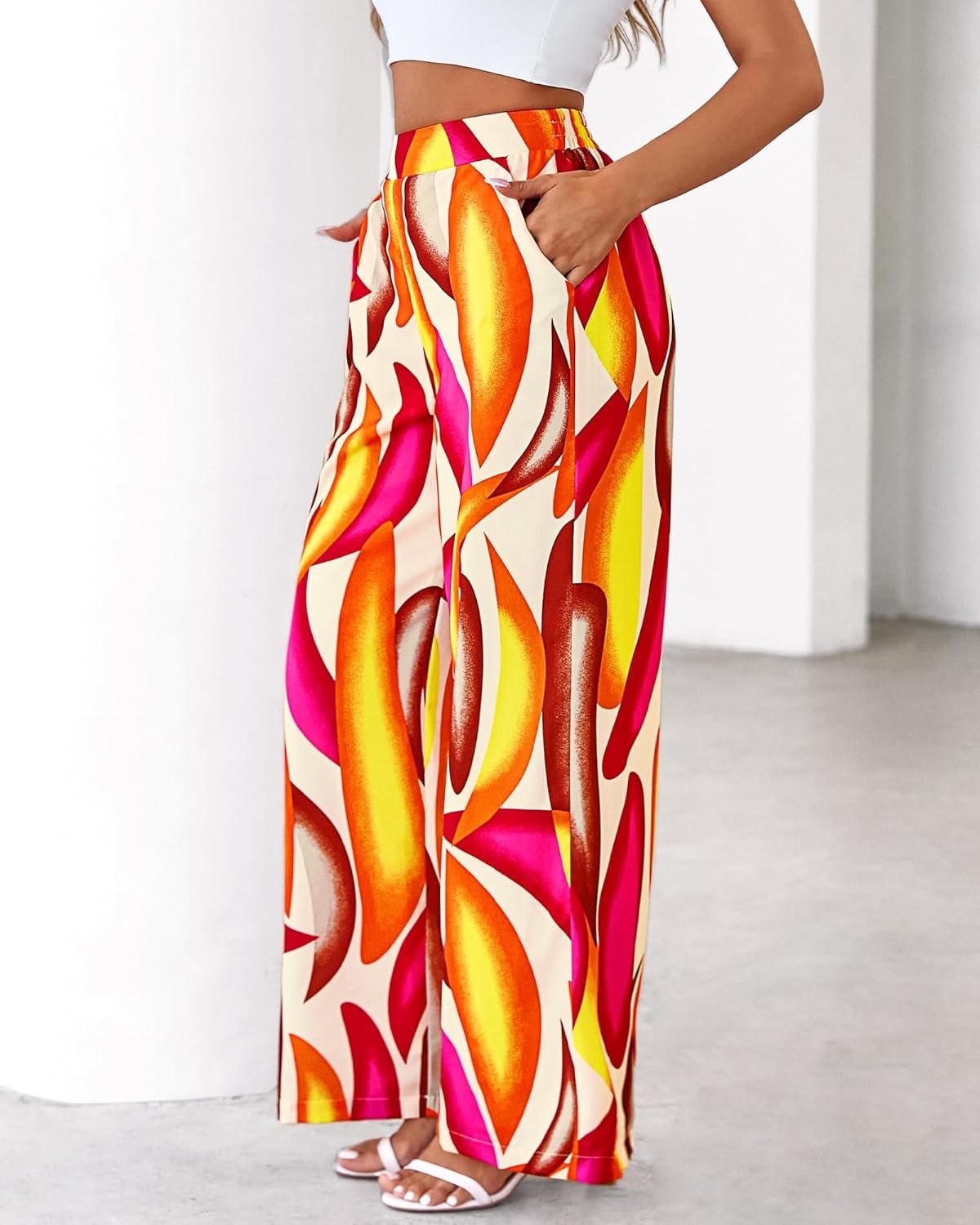 imageBTFBM Womens Wide Leg Summer Pants 2025 Boho Beach Vacation Loose Elastic Waist Printed Palazzo Pant PocketsPrint Beige Multicolor