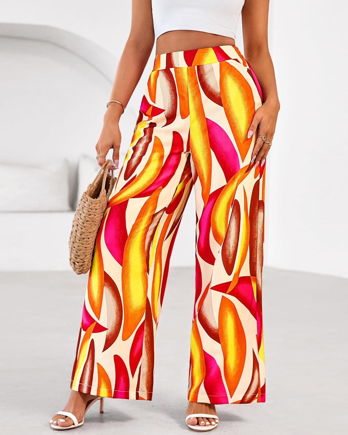 imageBTFBM Womens Wide Leg Summer Pants 2025 Boho Beach Vacation Loose Elastic Waist Printed Palazzo Pant PocketsPrint Beige Multicolor