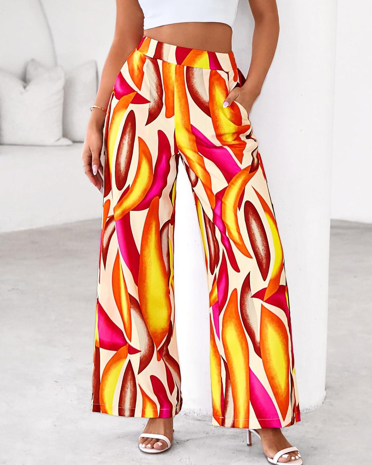 imageBTFBM Womens Wide Leg Summer Pants 2025 Boho Beach Vacation Loose Elastic Waist Printed Palazzo Pant PocketsPrint Beige Multicolor