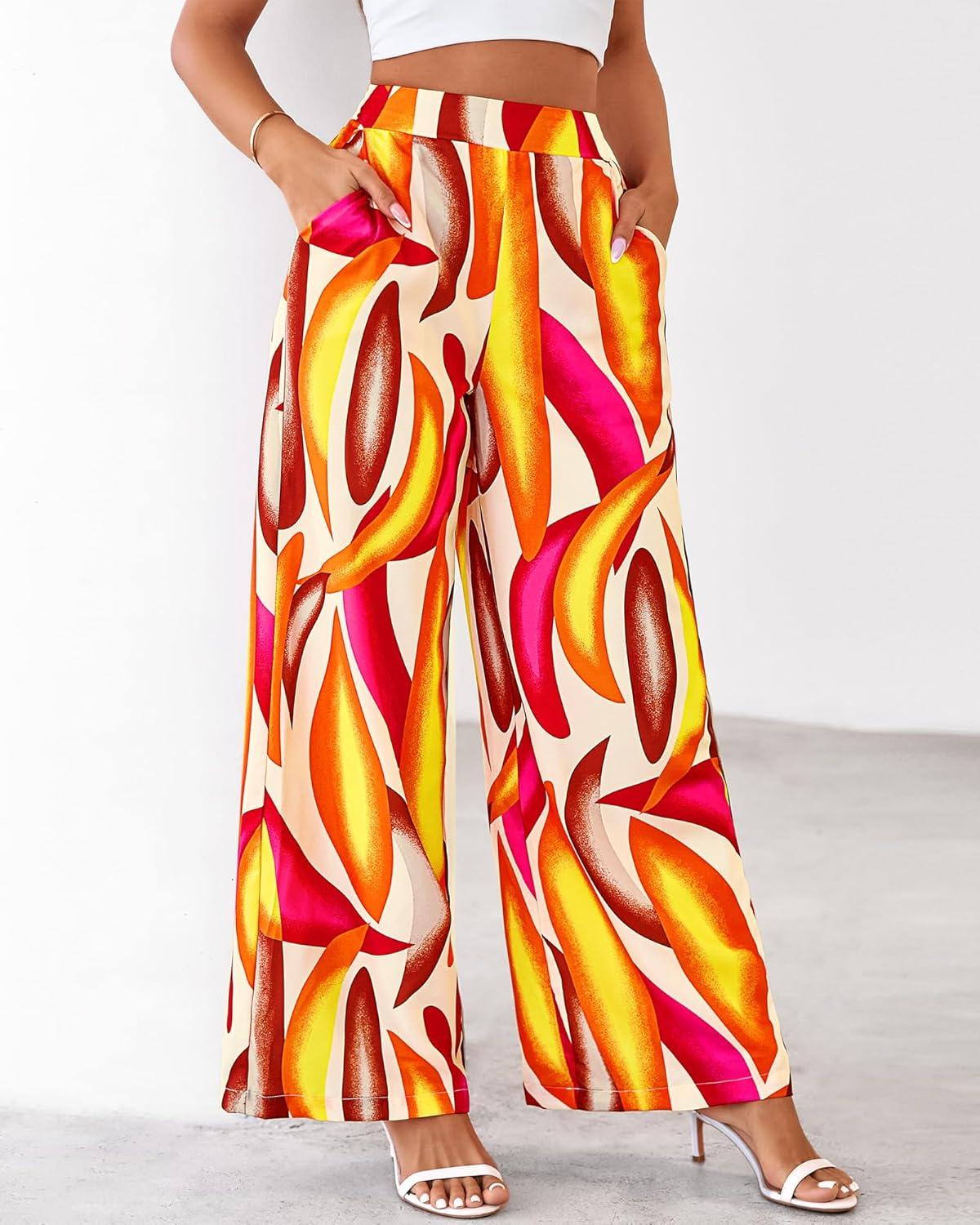 imageBTFBM Womens Wide Leg Summer Pants 2025 Boho Beach Vacation Loose Elastic Waist Printed Palazzo Pant PocketsPrint Beige Multicolor