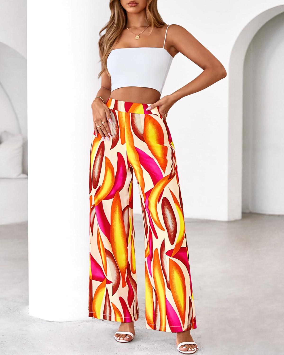 imageBTFBM Womens Wide Leg Summer Pants 2025 Boho Beach Vacation Loose Elastic Waist Printed Palazzo Pant PocketsPrint Beige Multicolor