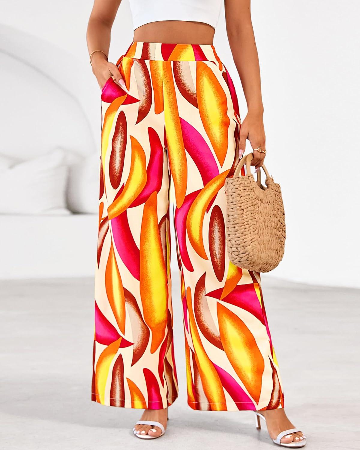 imageBTFBM Womens Wide Leg Summer Pants 2025 Boho Beach Vacation Loose Elastic Waist Printed Palazzo Pant PocketsPrint Beige Multicolor