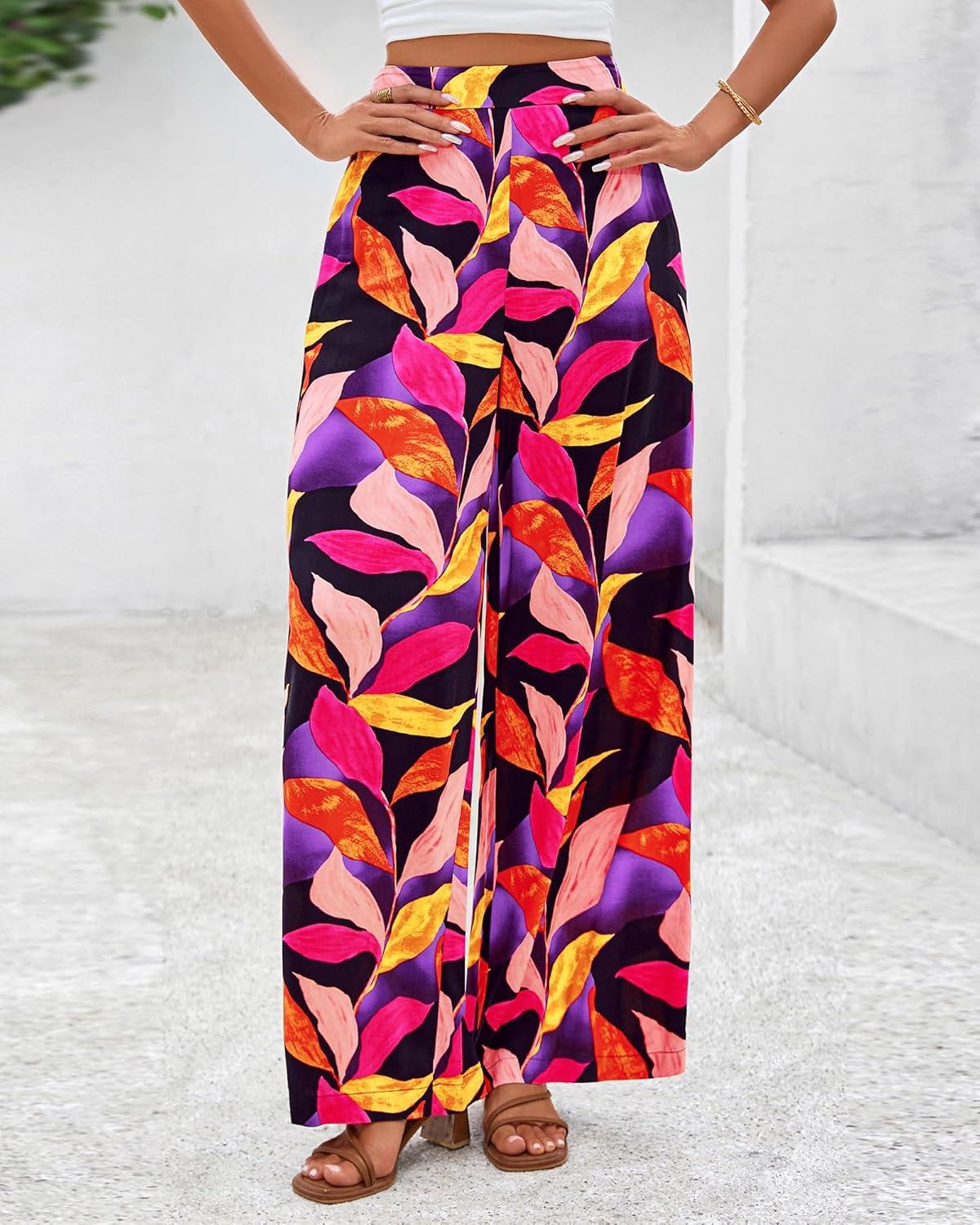 imageBTFBM Womens Wide Leg Summer Pants 2025 Boho Beach Vacation Loose Elastic Waist Printed Palazzo Pant PocketsPrint Black Multicolor