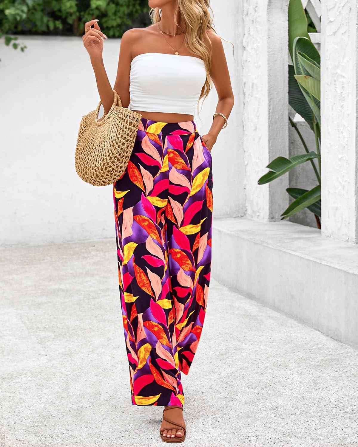 imageBTFBM Womens Wide Leg Summer Pants 2025 Boho Beach Vacation Loose Elastic Waist Printed Palazzo Pant PocketsPrint Black Multicolor