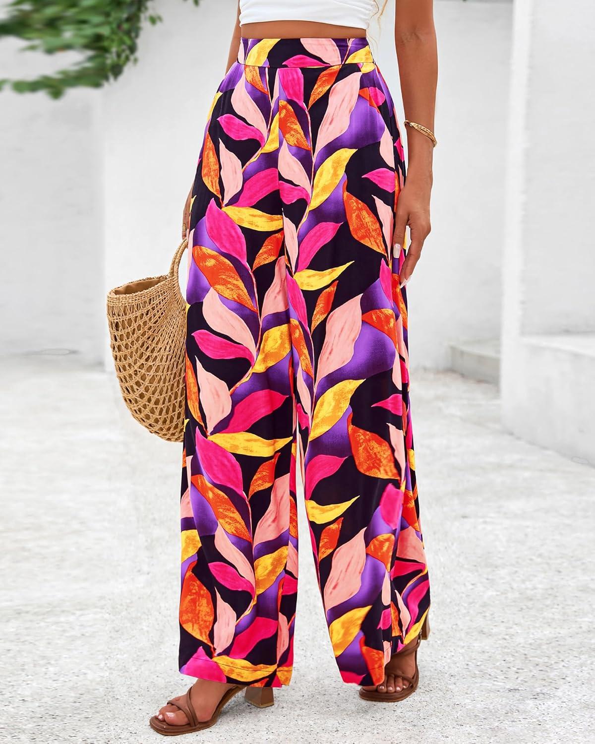 imageBTFBM Womens Wide Leg Summer Pants 2025 Boho Beach Vacation Loose Elastic Waist Printed Palazzo Pant PocketsPrint Black Multicolor