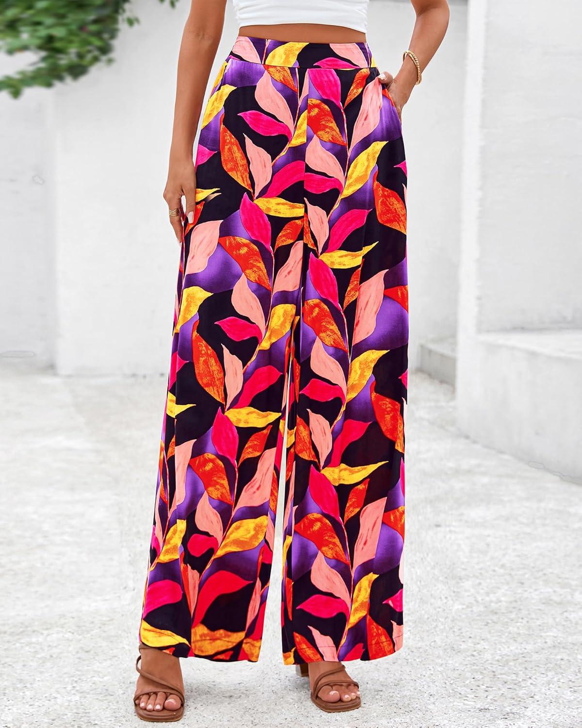 imageBTFBM Womens Wide Leg Summer Pants 2025 Boho Beach Vacation Loose Elastic Waist Printed Palazzo Pant PocketsPrint Black Multicolor