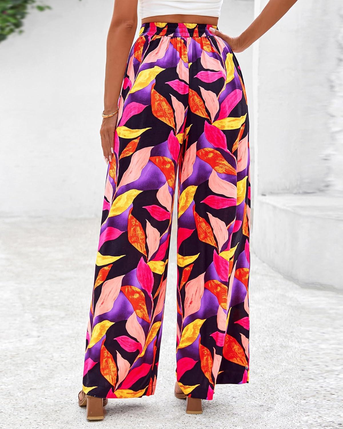 imageBTFBM Womens Wide Leg Summer Pants 2025 Boho Beach Vacation Loose Elastic Waist Printed Palazzo Pant PocketsPrint Black Multicolor