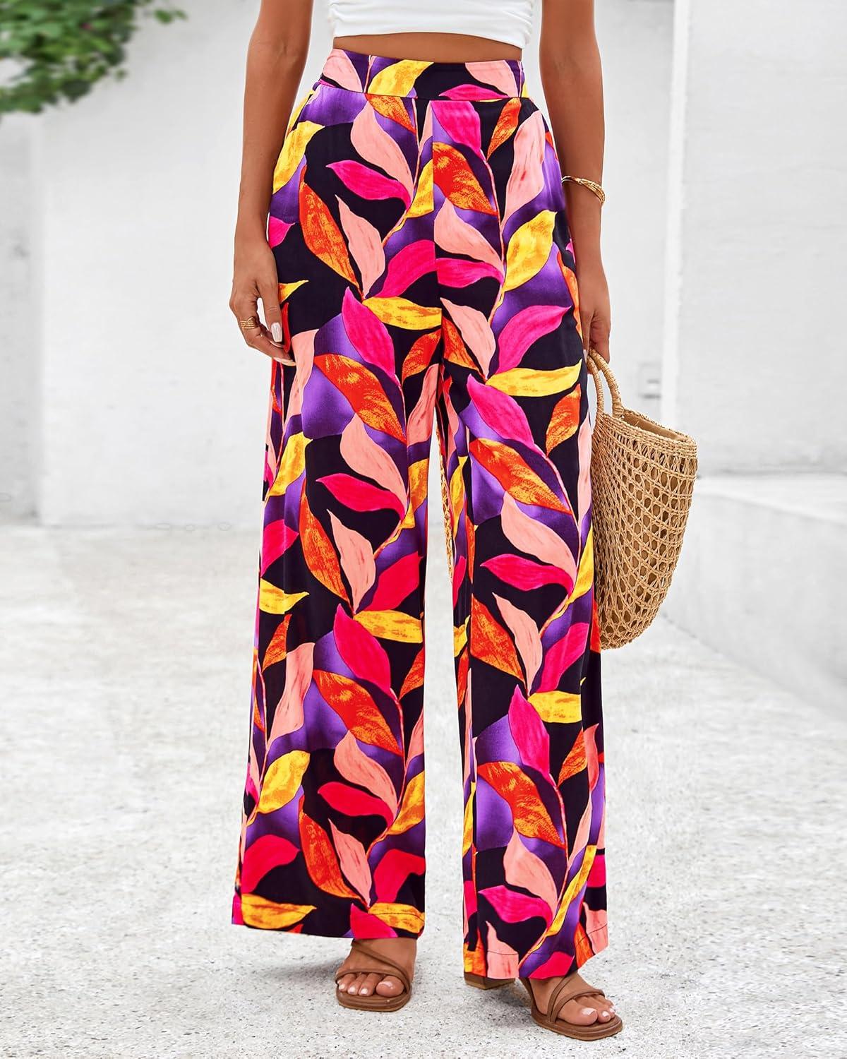 imageBTFBM Womens Wide Leg Summer Pants 2025 Boho Beach Vacation Loose Elastic Waist Printed Palazzo Pant PocketsPrint Black Multicolor