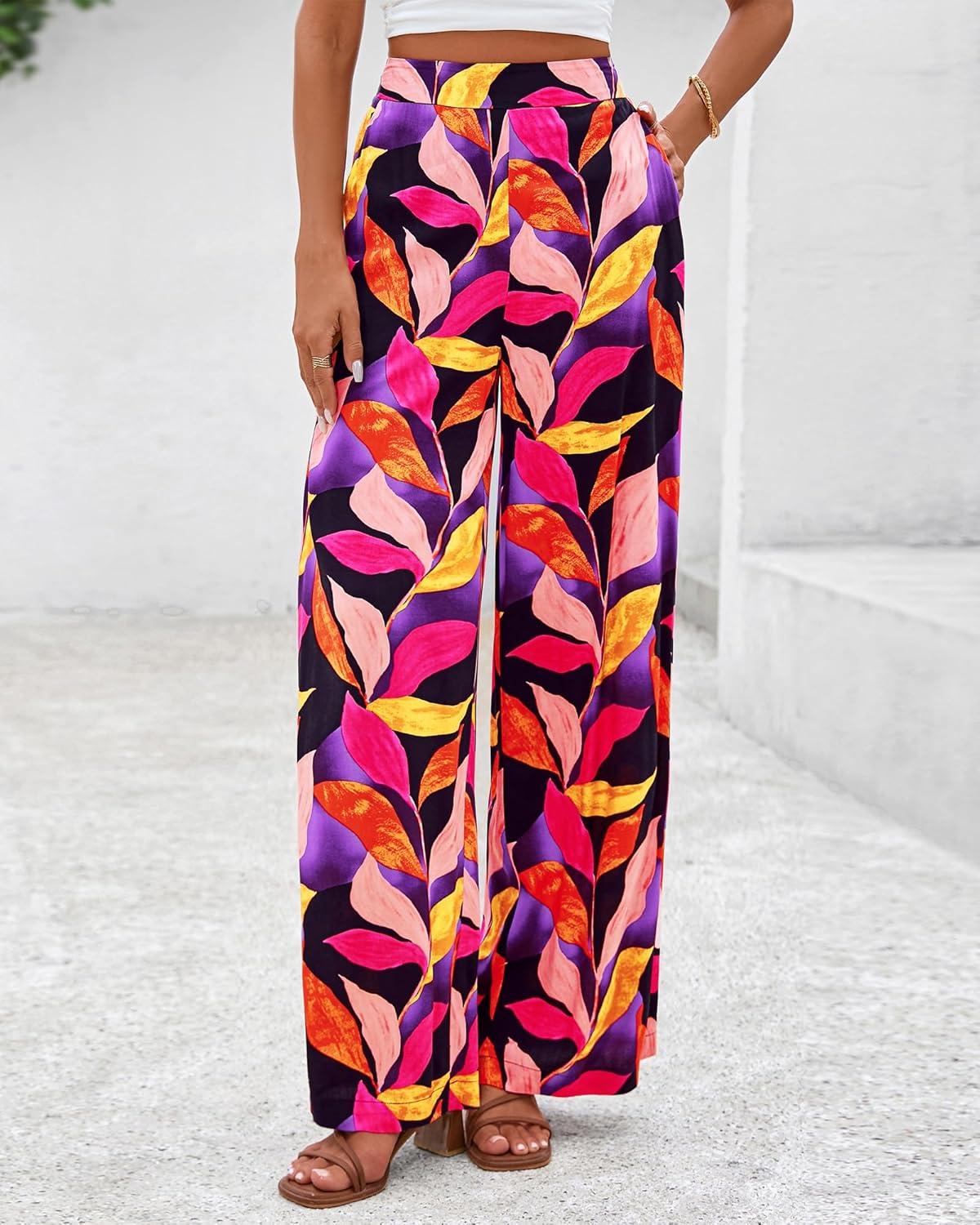 imageBTFBM Womens Wide Leg Summer Pants 2025 Boho Beach Vacation Loose Elastic Waist Printed Palazzo Pant PocketsPrint Black Multicolor