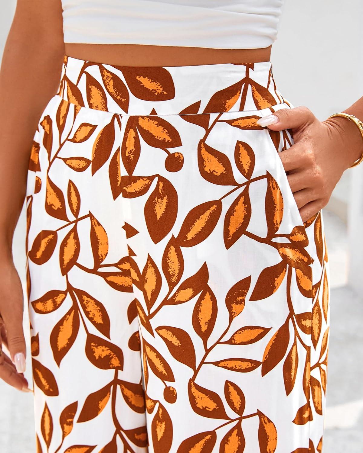 imageBTFBM Womens Wide Leg Summer Pants 2025 Boho Beach Vacation Loose Elastic Waist Printed Palazzo Pant PocketsPrint White Brown