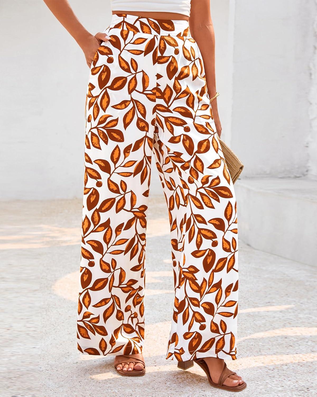 imageBTFBM Womens Wide Leg Summer Pants 2025 Boho Beach Vacation Loose Elastic Waist Printed Palazzo Pant PocketsPrint White Brown