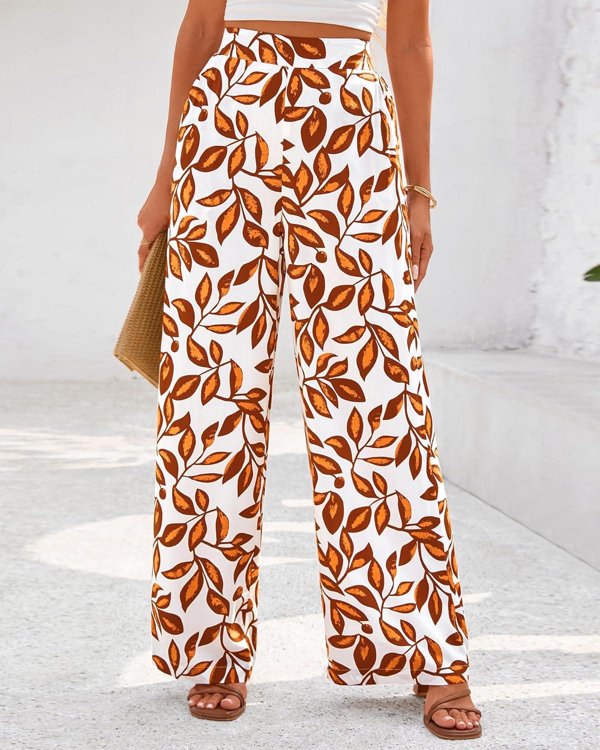 imageBTFBM Womens Wide Leg Summer Pants 2025 Boho Beach Vacation Loose Elastic Waist Printed Palazzo Pant PocketsPrint White Brown
