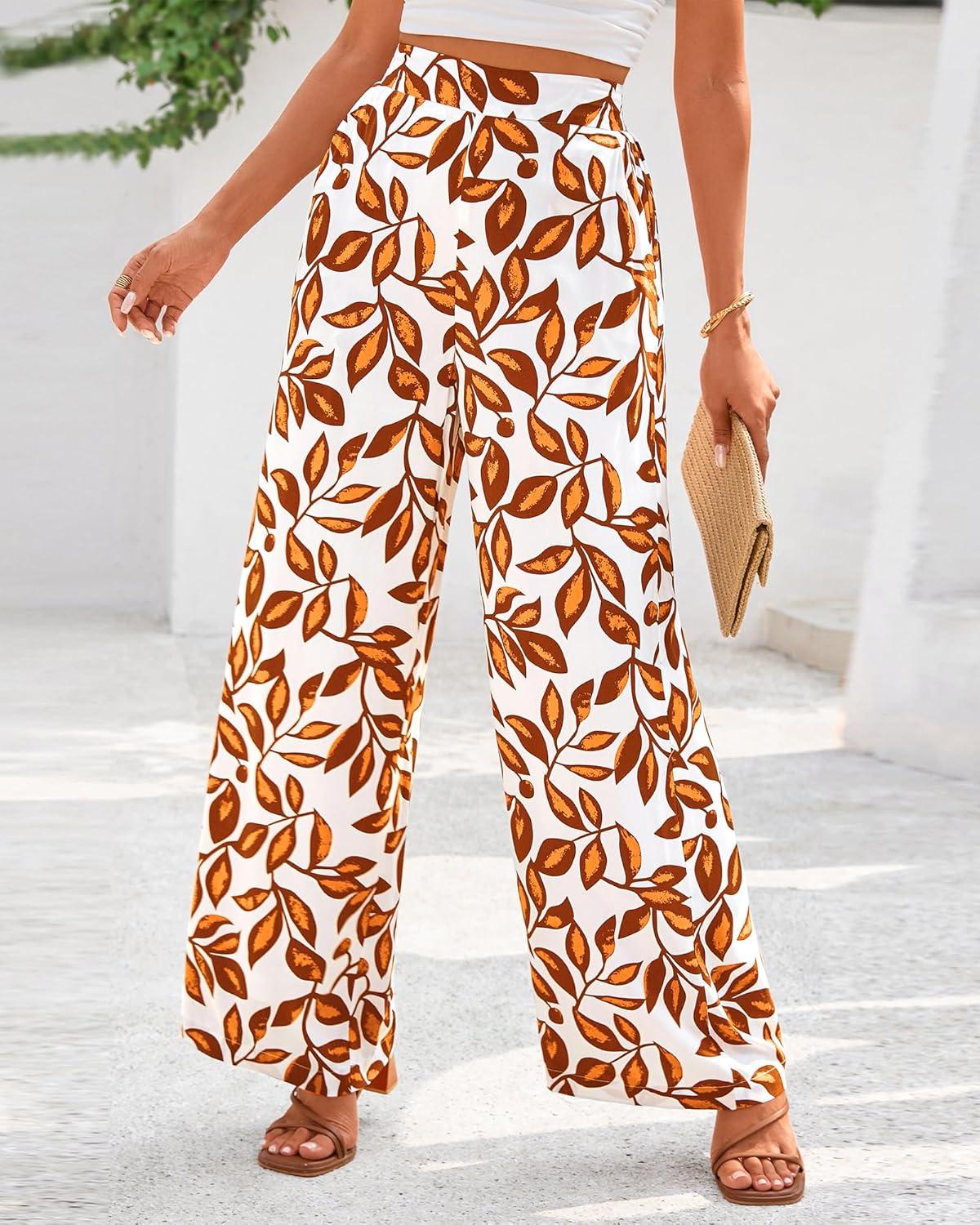 imageBTFBM Womens Wide Leg Summer Pants 2025 Boho Beach Vacation Loose Elastic Waist Printed Palazzo Pant PocketsPrint White Brown