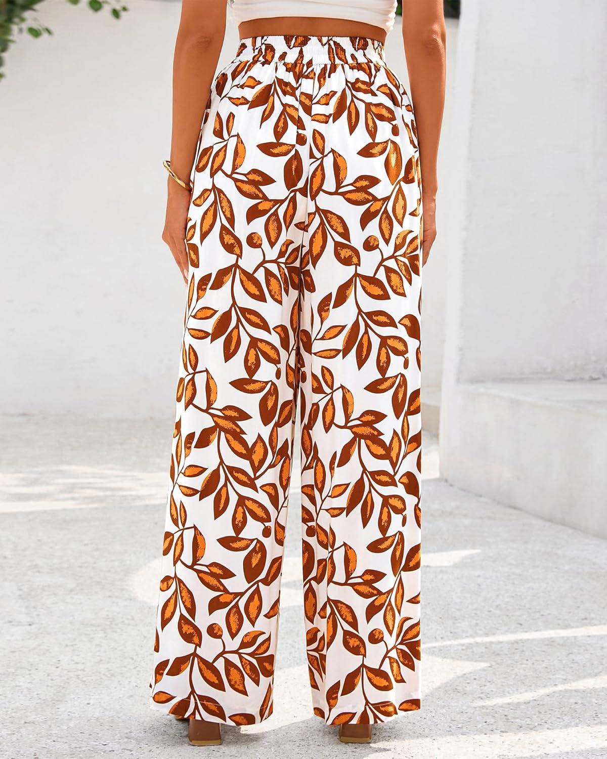 imageBTFBM Womens Wide Leg Summer Pants 2025 Boho Beach Vacation Loose Elastic Waist Printed Palazzo Pant PocketsPrint White Brown
